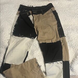 Women's Patchwork Straight Leg Pants - Black, Tan, and White